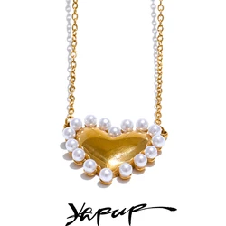 Yhpup Elegant Imitation Pearls Heart Love Popular Necklace Pendant Stainless Steel Romantic Collar Neck Jewelry Waterproof