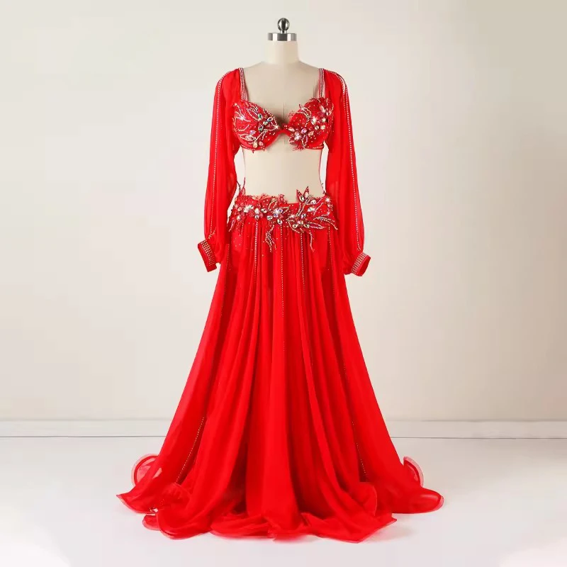 Traje Egípcio de Dança do Ventre para Mulheres, Roupa de Dança Oriental, Competição de Grupo, Traje Popsong Diamante, Saia Longa Maxi, Floral