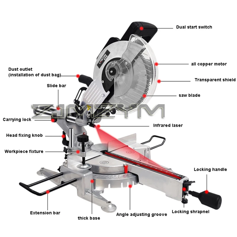 Portable High Precision Tiltable Miter Saw,Multifunctional 45 Degree Angle Cutting Saw,Sliding Wood Miter Saw,With Laser LED