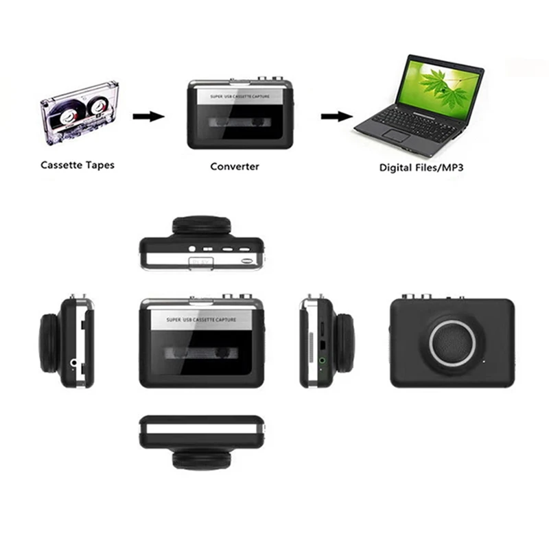 مشغل كاسيت USB ستيريو محمول شريط كاسيت أسود إلى مسجل محول MP3 مع مكبر صوت التقاط مشغل موسيقى الصوت