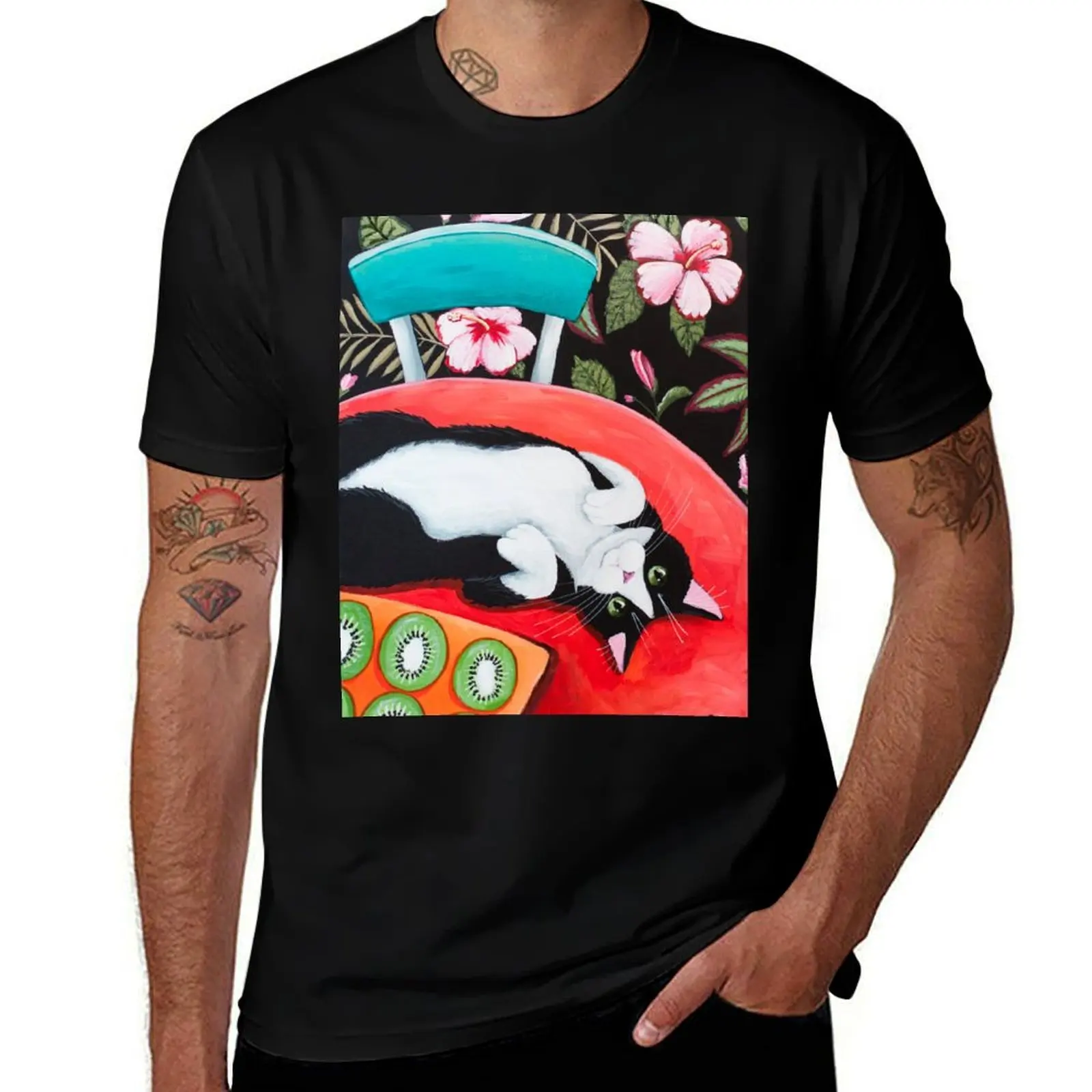 Tuxedo Cat on the Kitchen Table T-Shirt Trendy Pattern for Men T-Shirt