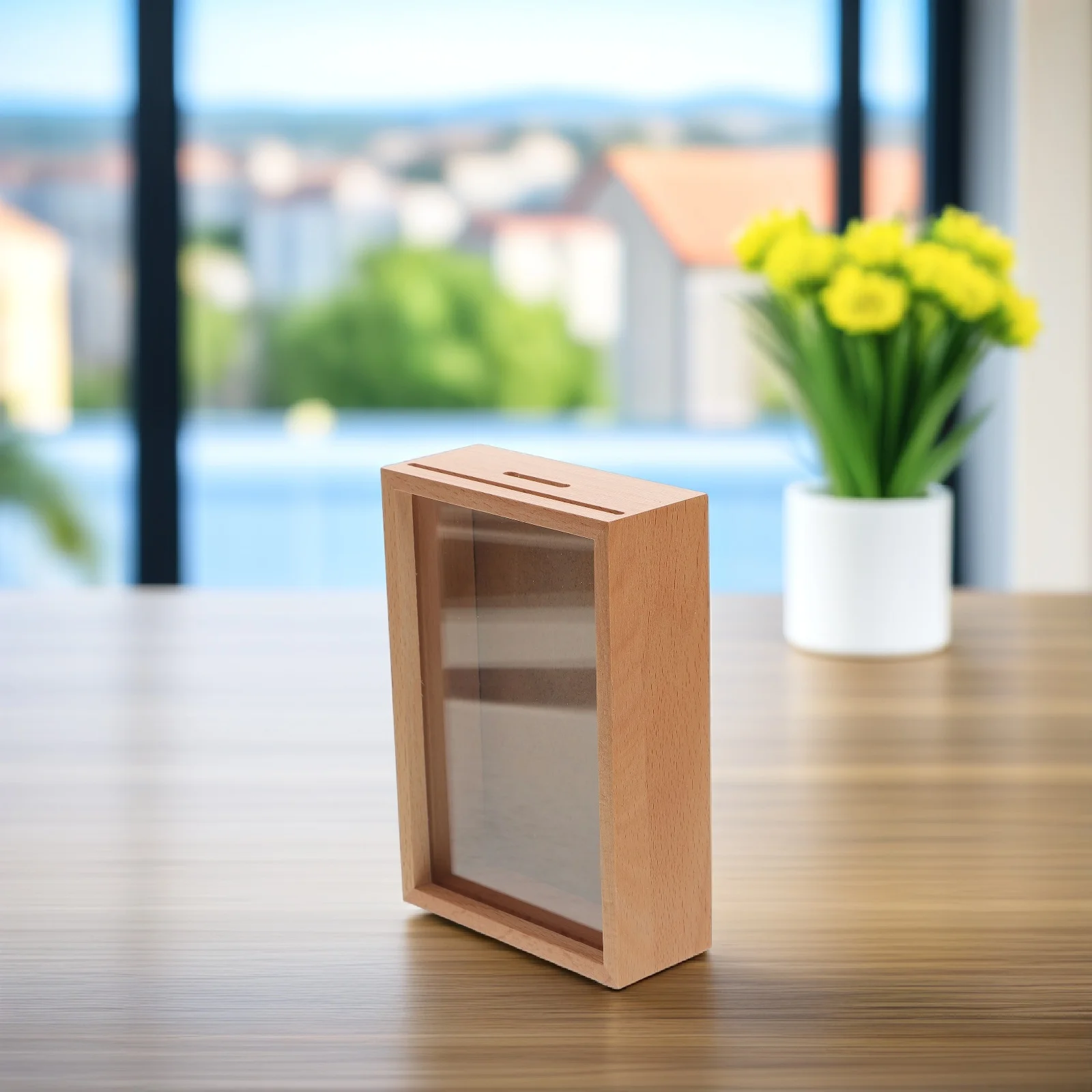 

Wooden Piggy Bank 6 Inch Money Bank Photo Frame Clear Window Coin Storage Box Black Decor Savings Box Household ganizer