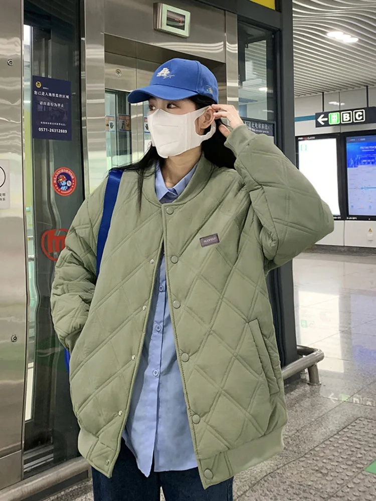 New Winter Cotton-Padded Jacket Women Fashion Designed Sense Rhombic Baseball Outwear Puffer Coat Thin Parka Coat Female Top