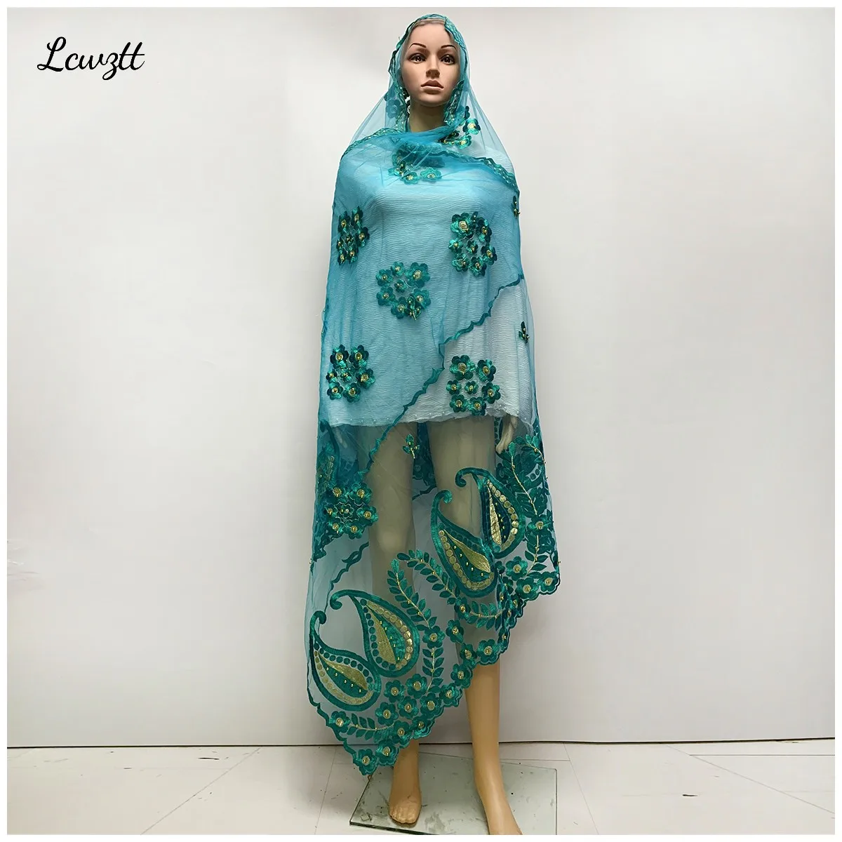 2023 Fashion Hot Sale African Muslim Women Scarf Big Circle Design Big Embrodiery  Net With Grenadine Scarf for Shawls Pashmina