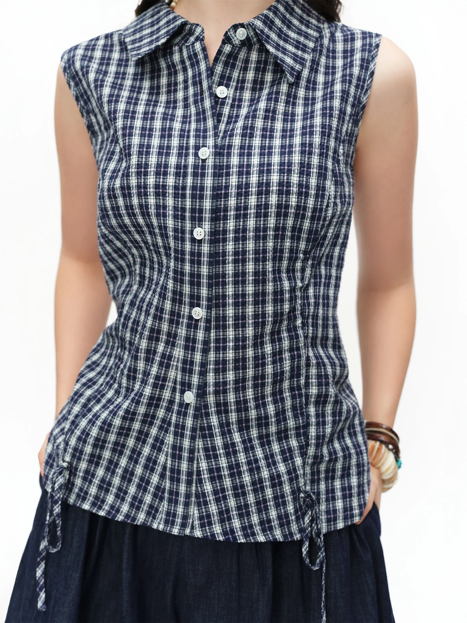 DUSHU Women's Stylish Plaid Vest Shirt 2026 Summer New Waist-Fitted Sleeveless Color-Block Top & Original Denim Skort Shorts Set