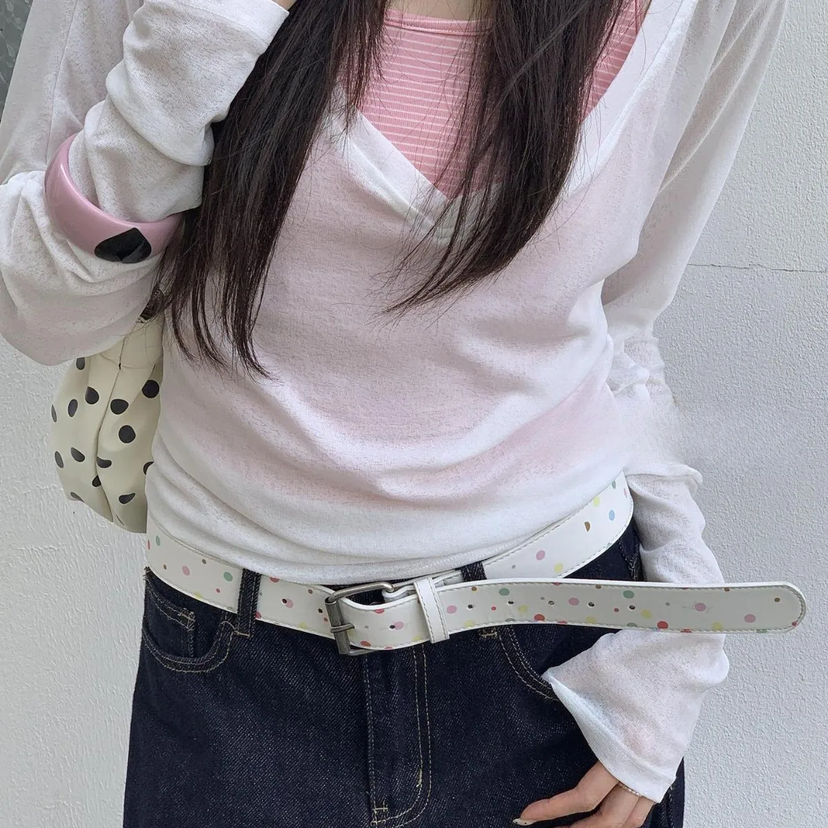 Colorful Polka Dot Pin Buckle Pu Leather Belt Matte Metal Buckle Shell Vivid Craft Supple Contact Surface Anti Crack