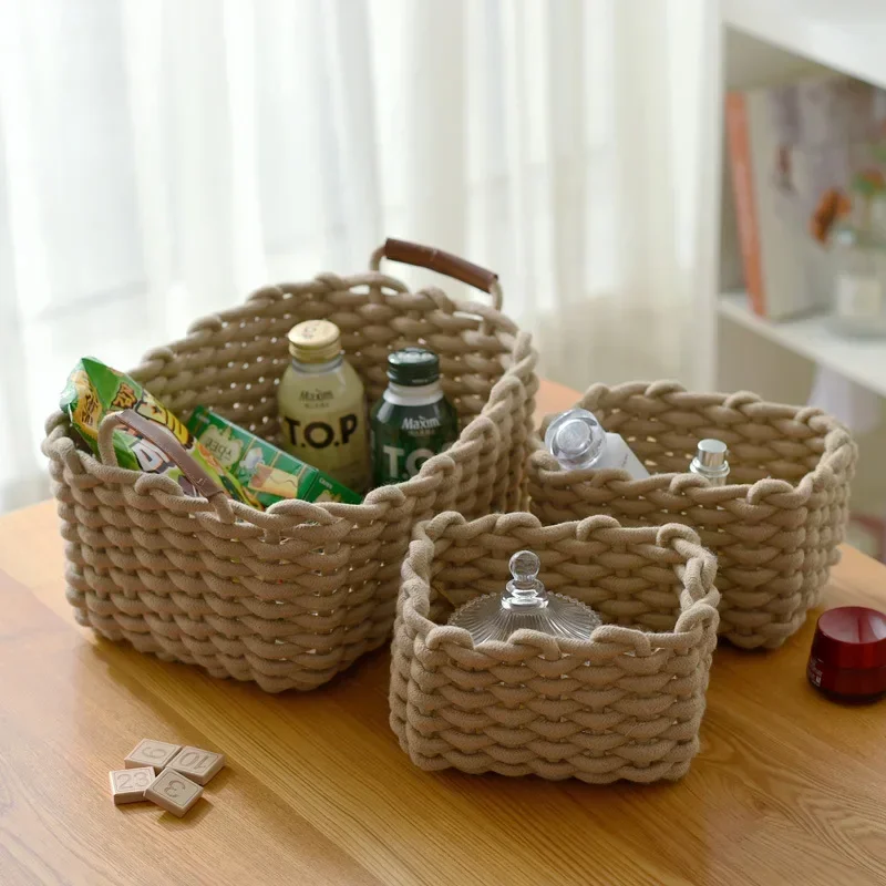 Nordic Cotton Rope Woven Small Storage Basket Rectangle Cotton Rope Storage Desktop Sundries Make Up Organizer Home Decor