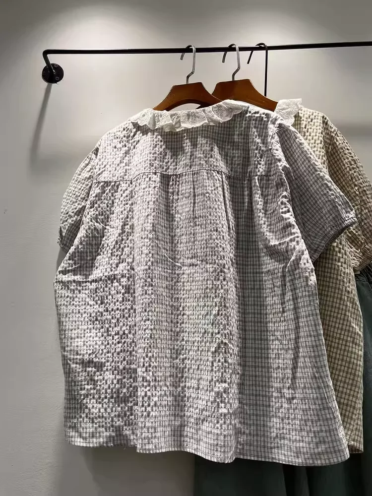 Biust 130cm Mori girl Japan style koronkowy kołnierzyk koszule w kratę bluzki z krótkim rękawem 100% bawełna plus size topy damskie koszule w kratę