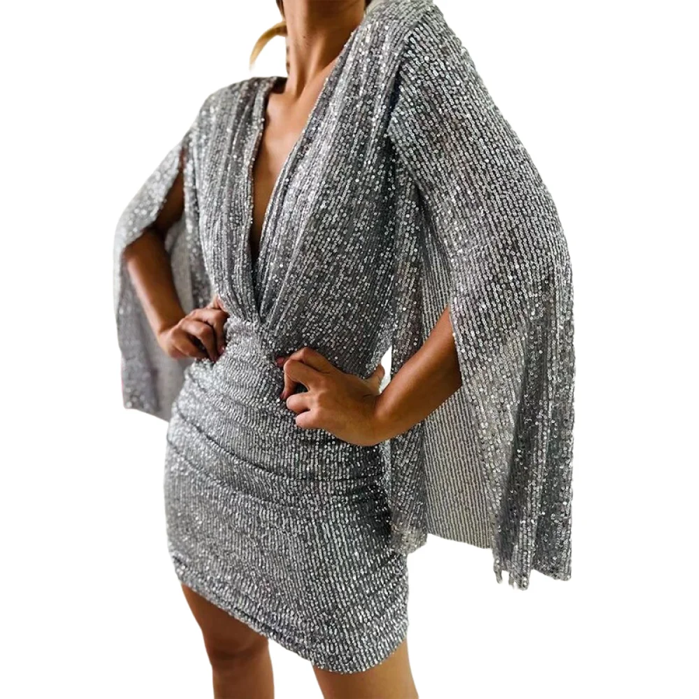 スパンコールドレス女性パーティーナイトセクシーな背中の開いたボディコンキラキラグリッタードレスフレアスリーブディープ V ネックミニドレス