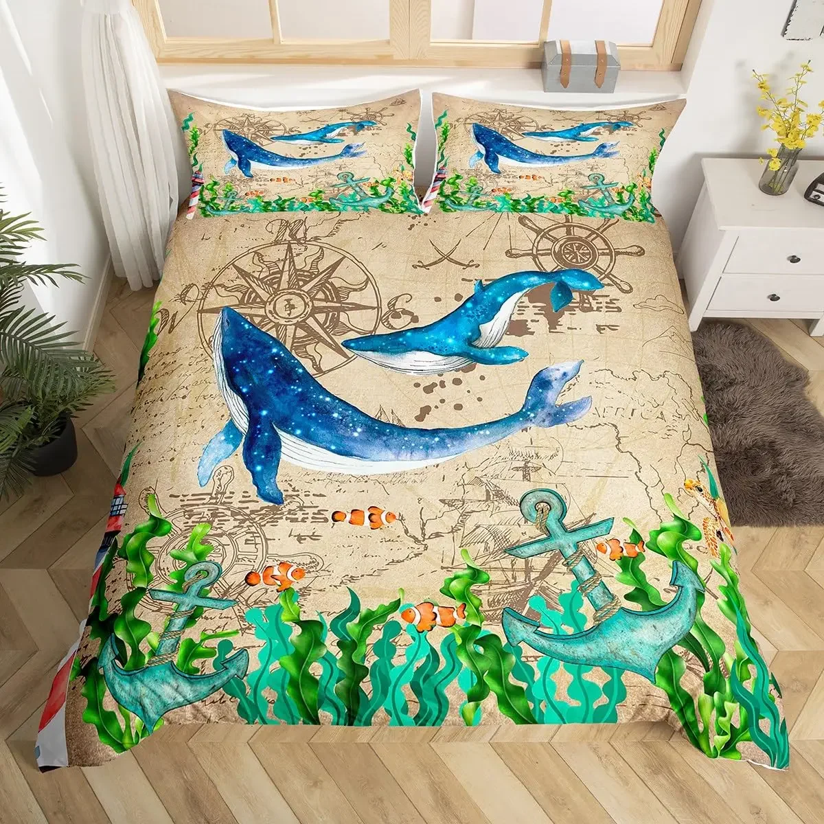 Compass Print Comforter Cover for Children Kids Boys Girl Bedding Set Vinatge World Duvet Cover Ocean Room Decor Queen Full Size