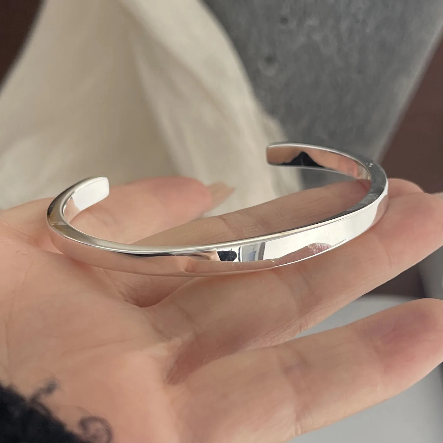 100% Solid 925 Sterling Silver Retro Bracelet for Women Men Vintage Handmade Wide Simple Bracelet Birthday Gift