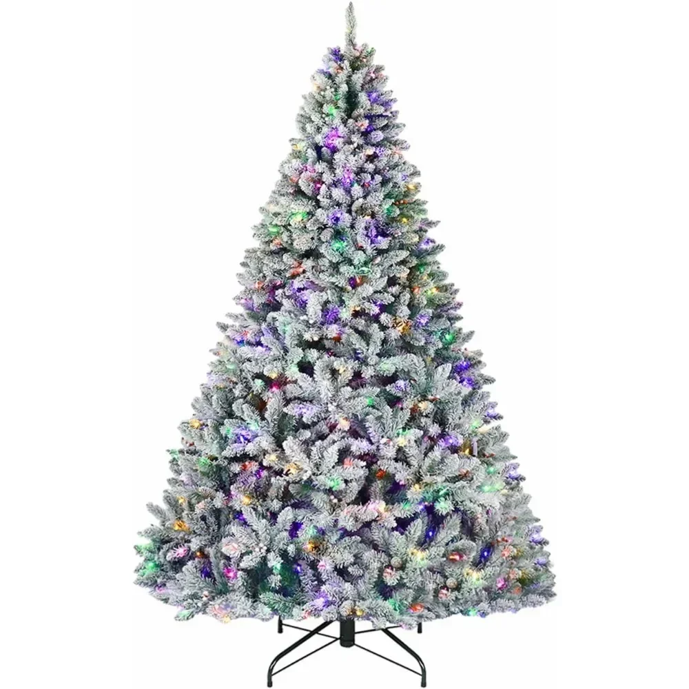 

6.5 ft Prelit Snow Flocked Christmas Tree, Artificial Christmas Pine Tree with LED Lights, Metal Stand and Hinged Branches
