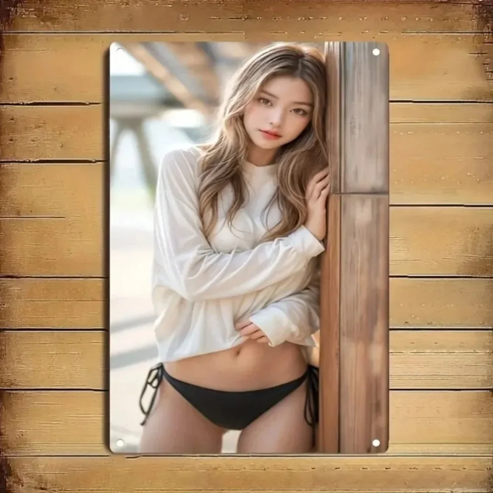 Sommermädchen 2D Flaches Metallschild Strand Bikini Wandkunst Poster Ästhetische Raumdekoration Geschenk