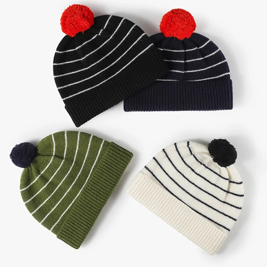 

striped knitting beanies for women men autumn winter hats cute pompom bicolor skullies thickened bonnets
