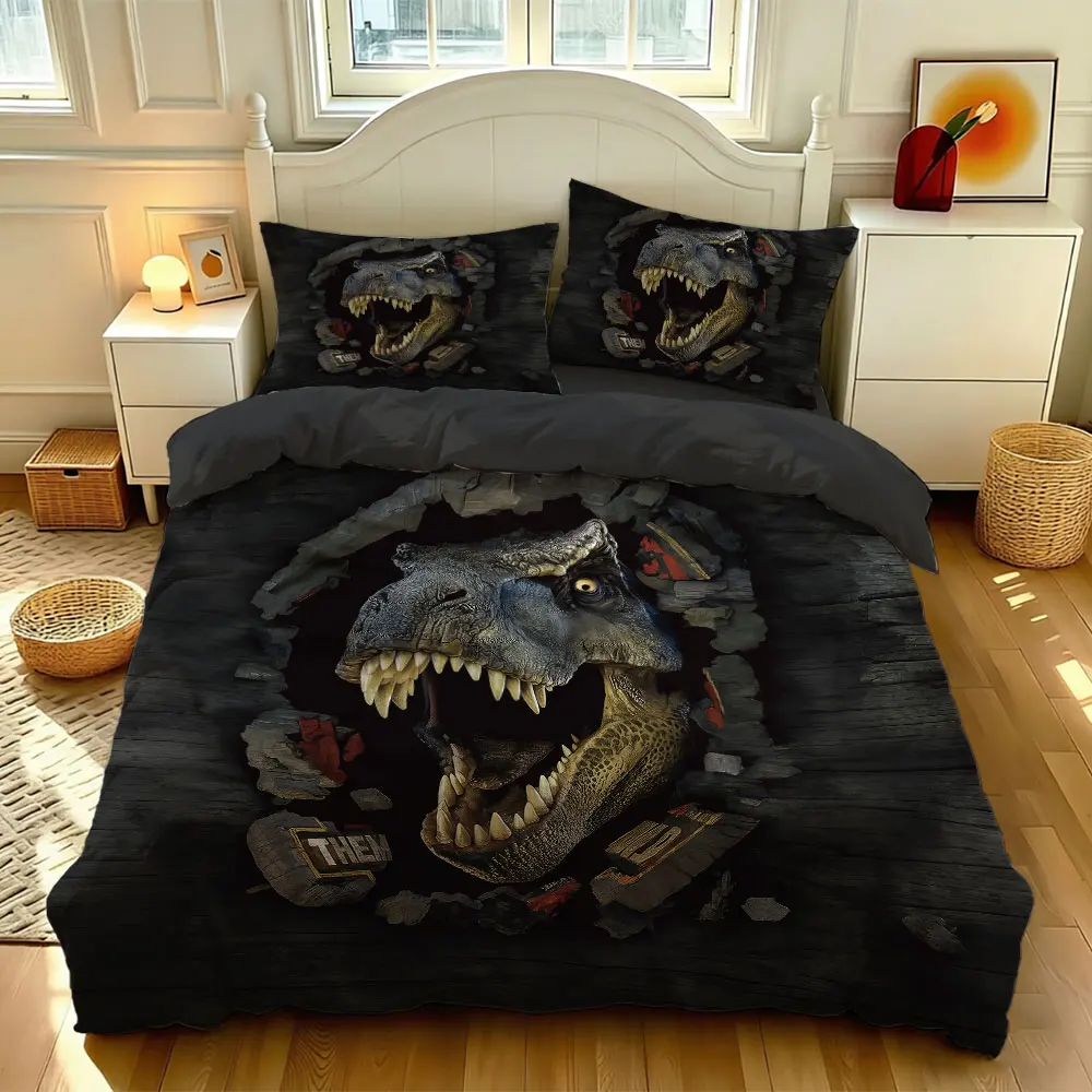 Dinosaur Skull Fossil Duvet Cover Set 3 Piece Dark T-Rex Skeleton Print Bedding Set Gothic with Pillowcases Boys Room