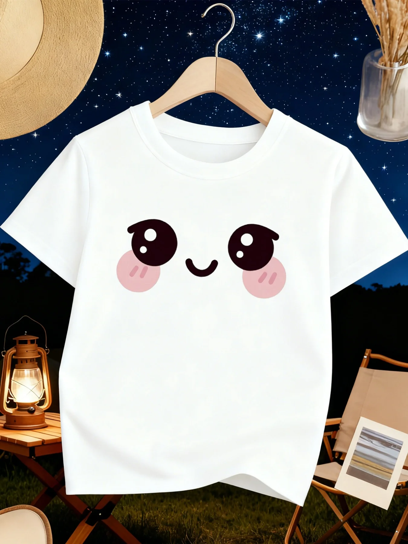 Parent Child Matching Tee Cute Blush Smiley Face Cartoon Graphic Short Sleeve Cotton T Shirt Girls Boys Kids Sweet Daily Wear