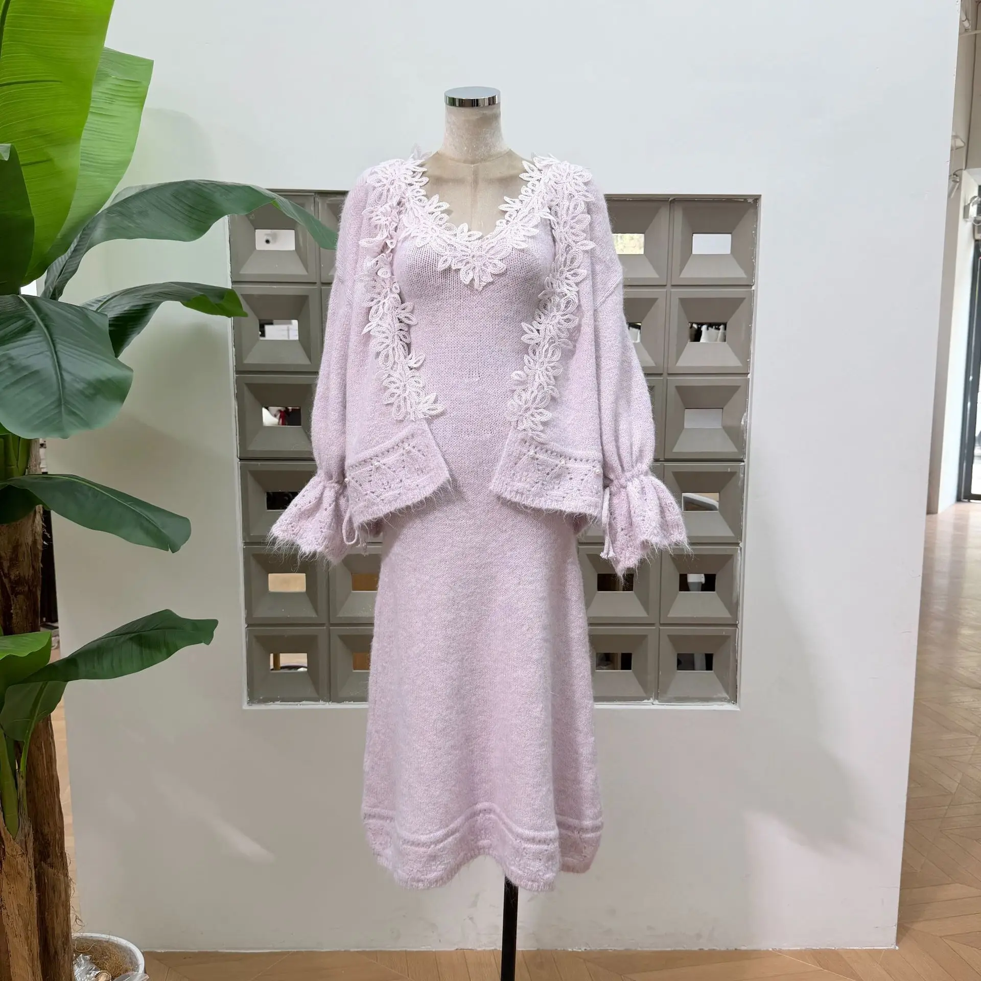 Dresses For Women 2 Piece Set Lace Trim Knit Open Front Sweater Coat Top V Neck Long Dress Elegant Outfit Daily Dating Christmas