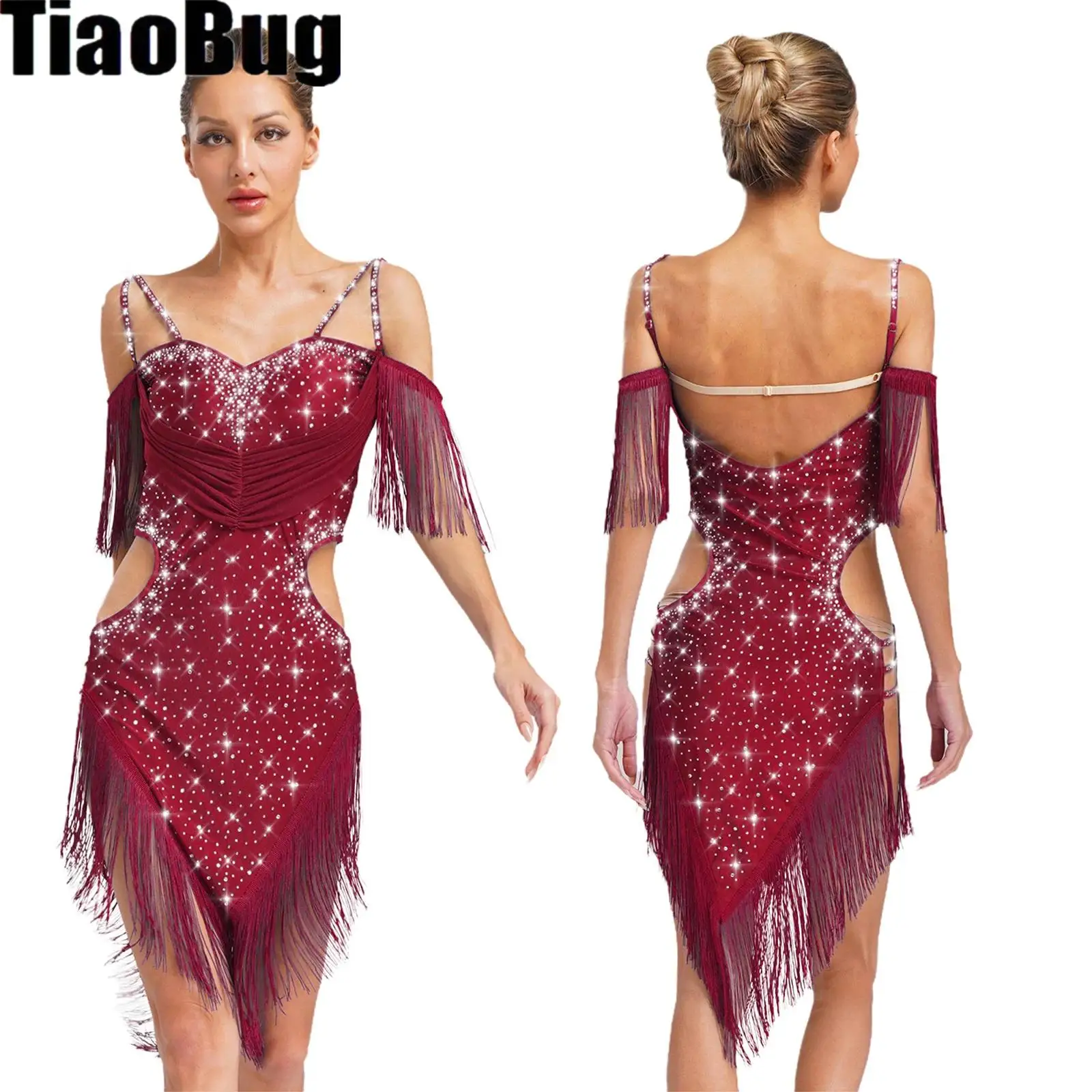 

Women Latin Dance Dress Tassel Cha-Cha Tango Salsa Ballroom Dance Costume Cutout Backless Fringe Rhinestones Skating Performance