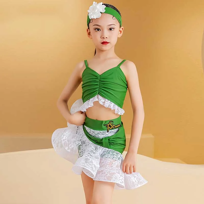 

Latin Dance Wear Gils Summer Samba Rumba Dancer Performance Practice Clothes Child Line Clothing White Green Tops Skirt VDL857