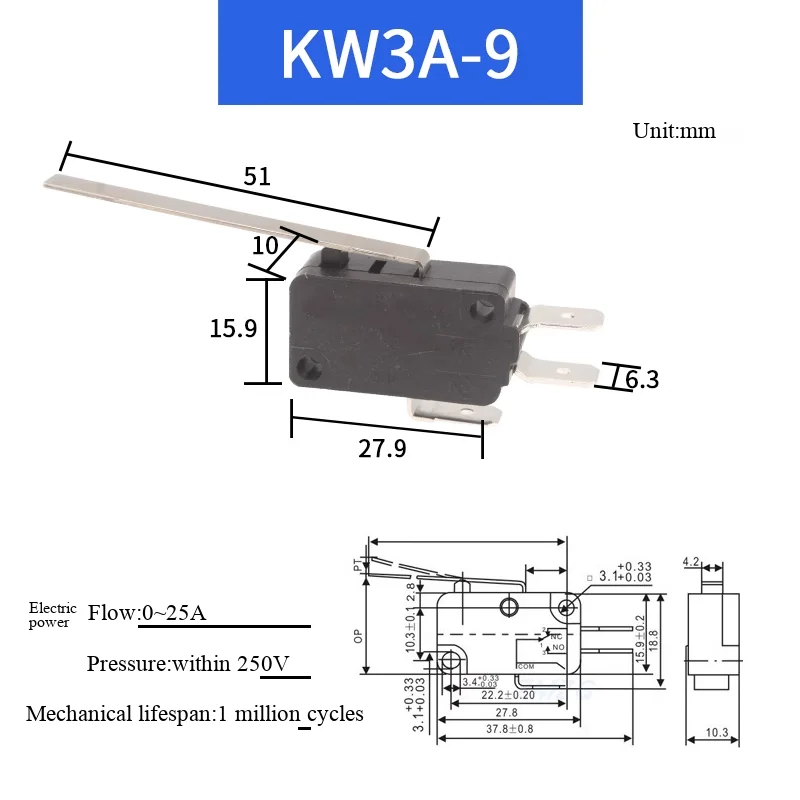 KW8-Serie Kupferkontakt Fußbreite 6,3 mm Großer Mikroschalter mit großer Schaltweglänge Mikro-Tastendruckschalter – Detail 6