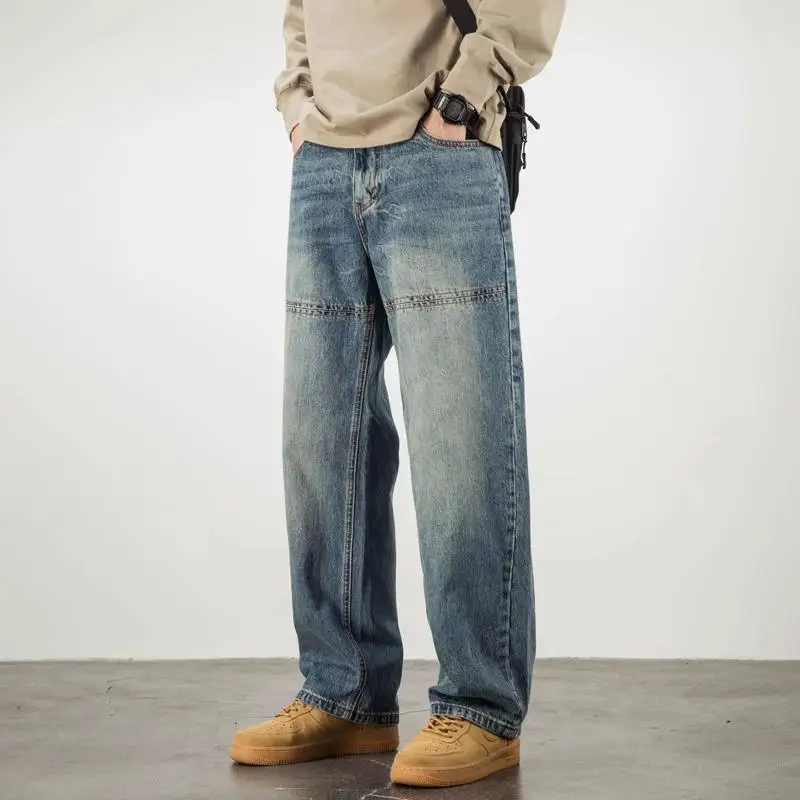 2026 Spring Washed Splicing Jeans Men's Straight Loose Wide-leg Versatile Simple Casual Trousers