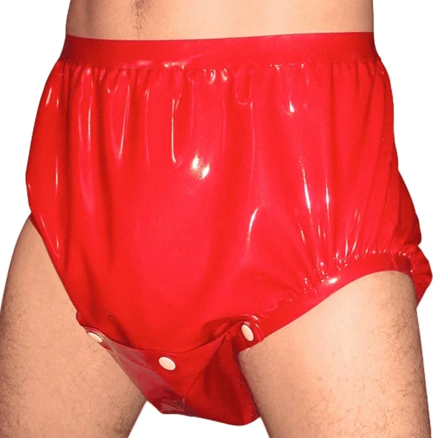 

Red Sexy Latex Diaper Cover With Button Att Front Crotch Rubber Boxer Shorts Underpants