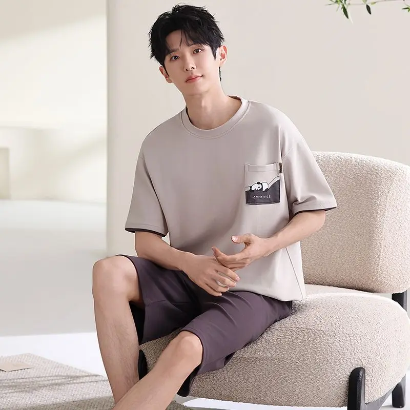 

Летние мужские пижамные комплекты больших размеров из хлопка с коротким рукавом 2026: корейская милая мультяшная пижама, домашняя одежда для отдыха