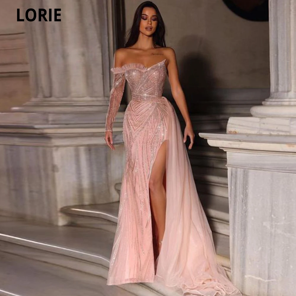 

LORIE Pink Tulle Mermaid Prom Dresses Glitter Sequins Removable Train Party Gowns Sexy Slit Celebrity Dresses Vestido De Noche