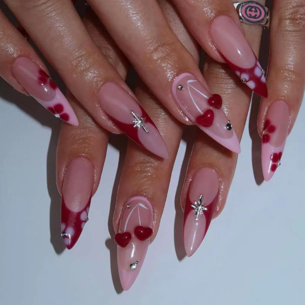 

24PCS Red French Press on Nail Sweet Cherry Diamonds Long Stiletto False Nails for Spice Girls Wearable Manicure Art with Design