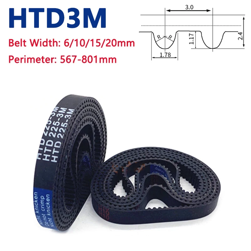 

HTD3M Timing Belt Rubber Closed Loop Synchronous Belt Arc Tooth Drive Belt Perimeter 567-801mm Width 6mm 10mm 15mm 20mm 1Pc