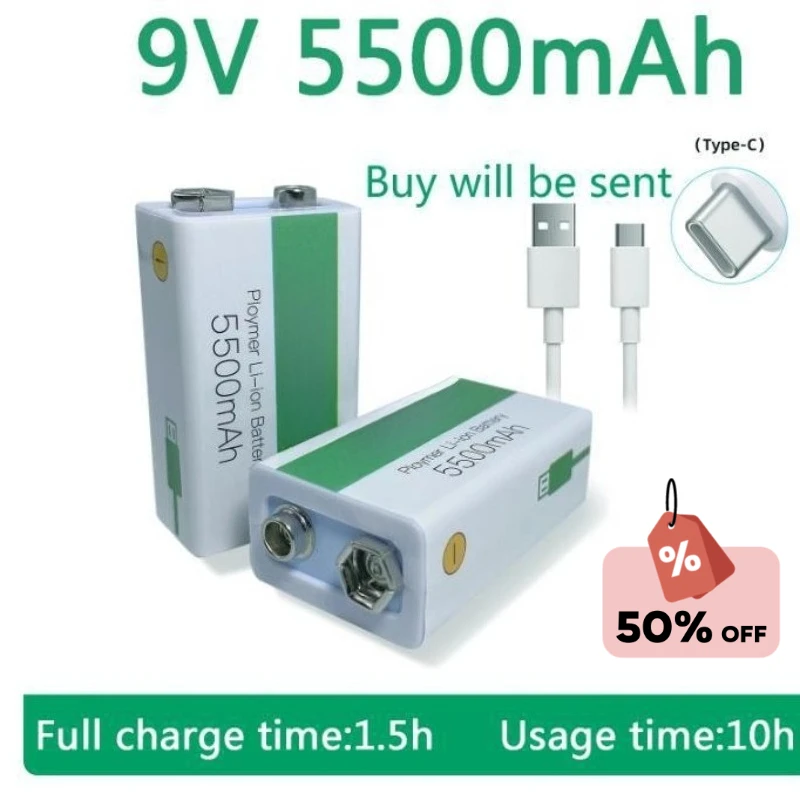 

9V 5500mAh Lithium-ion Rechargeable Battery USB Battery Multimeter Microphone Toy + Charging Cable