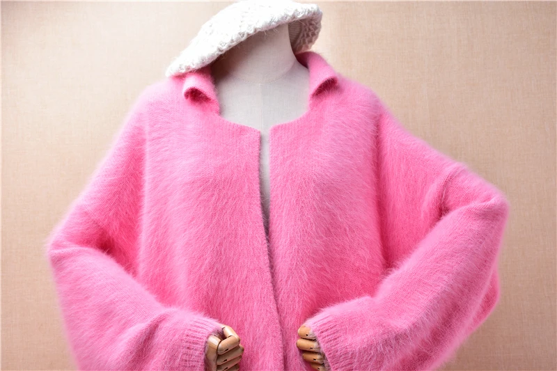 Women Mujer Autumn Winter Thick Warm Pink Hairy Angora Rabbit Hair Knitted Turn-Down Neck Loose Cardigans Mantle Sweater Jacket