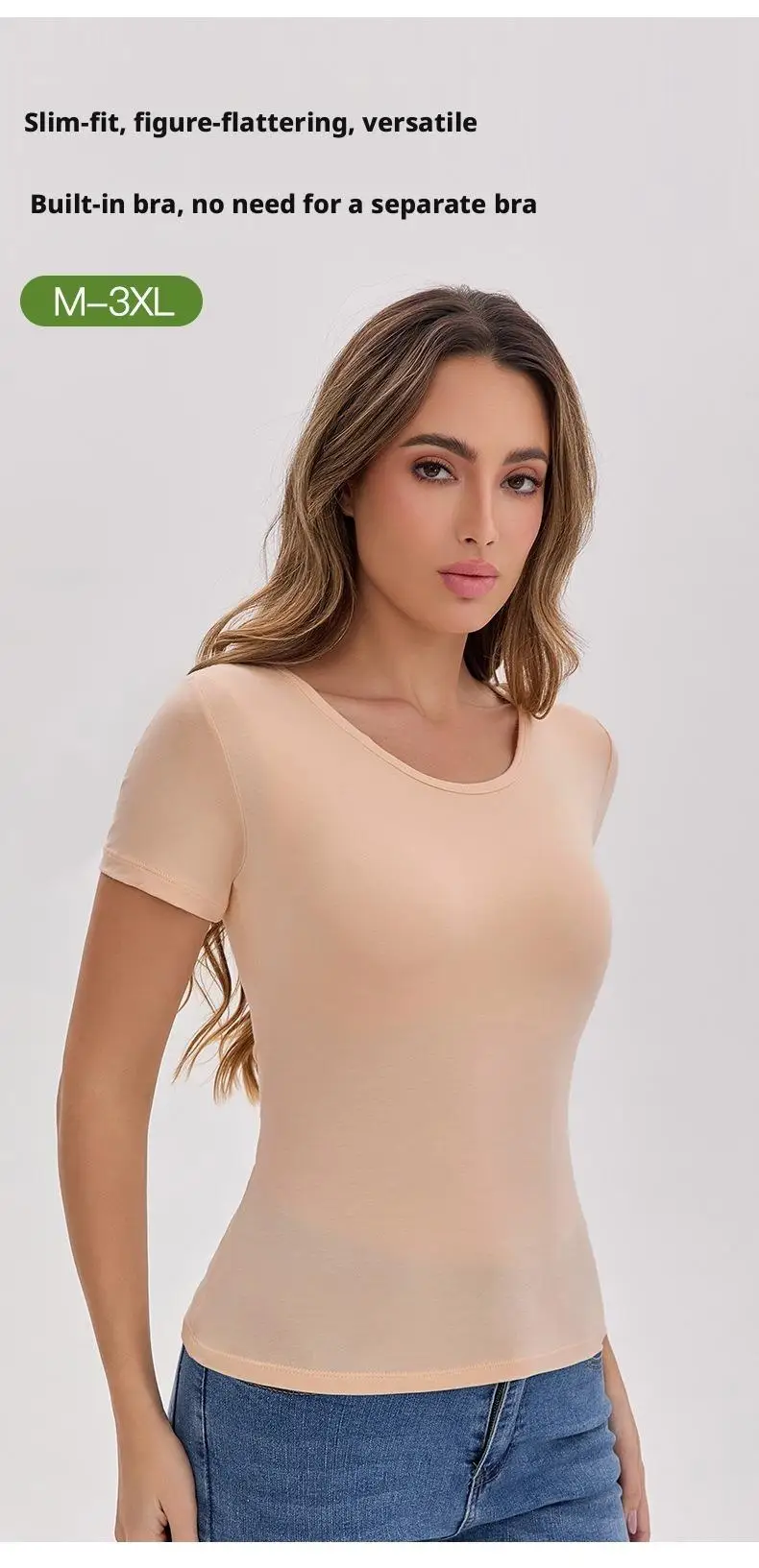 Ubowen Für 40-90 kg große Frauen, Übergrößen-T-Shirt mit kurzen Ärmeln, integriertem BH, Rundhalsausschnitt und festem Körbchen. – Detail 2