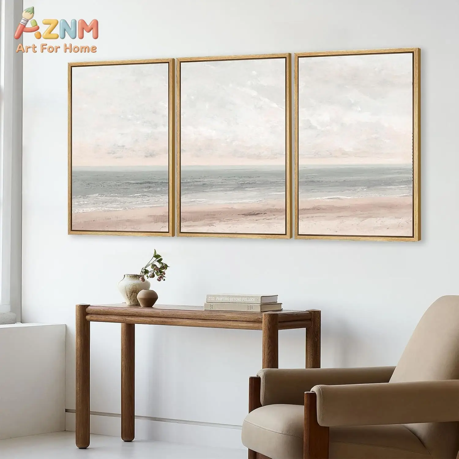 3PCS Soft Blush Pink Beach Canvas Prints Set Neutral Ocean Waves Wall Art Posters for Living Room Bedroom Minimalist Coastal Hom