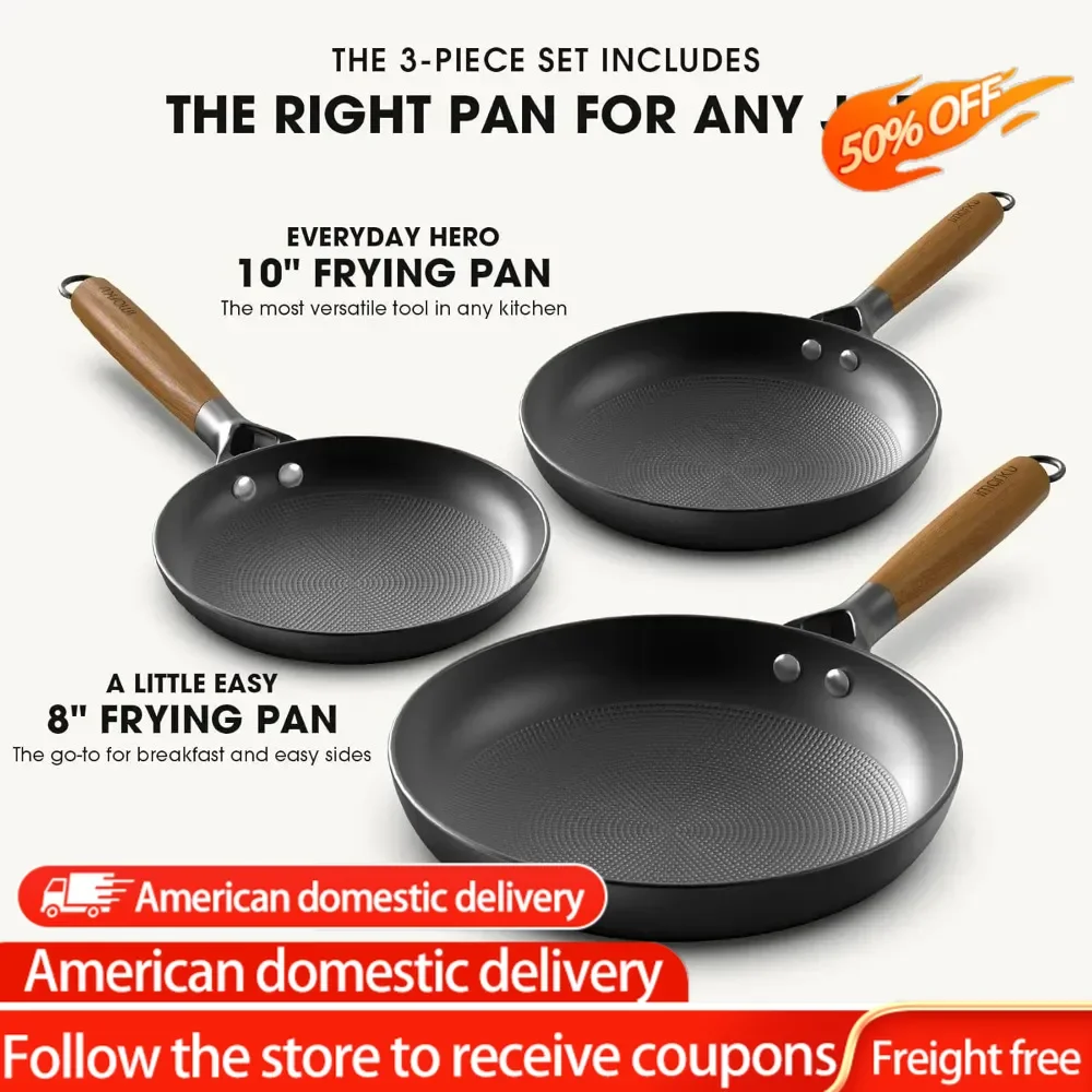 

8&10&12 Inch Cast Iron Skillets Professional Cast Iron Pan Dishwasher Safe Nonstick Frying Pan Set, Detachable Handle