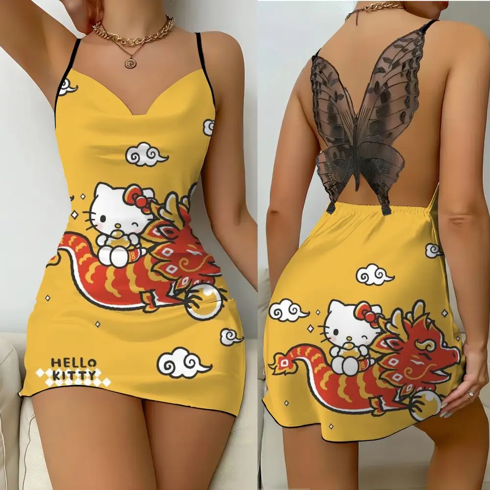 

Women's Cute Mini Dress Sanrio Hello Kitty Lettuce Edge Off the Shoulder Bow Sleeping Dress Street Clothing 2024 Fashion