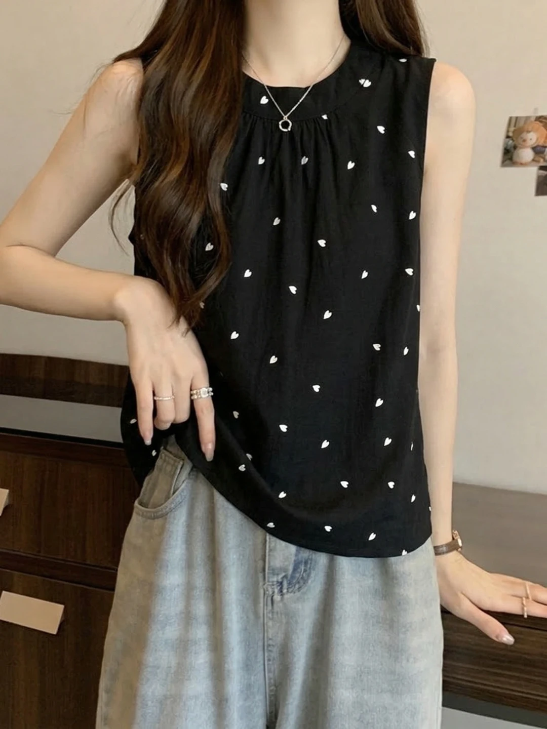 

Summer Polka Dot Sleeveless round Neck Shirt Women's Loose Fit Korean Style plus Size Ageless Top for Young Girls