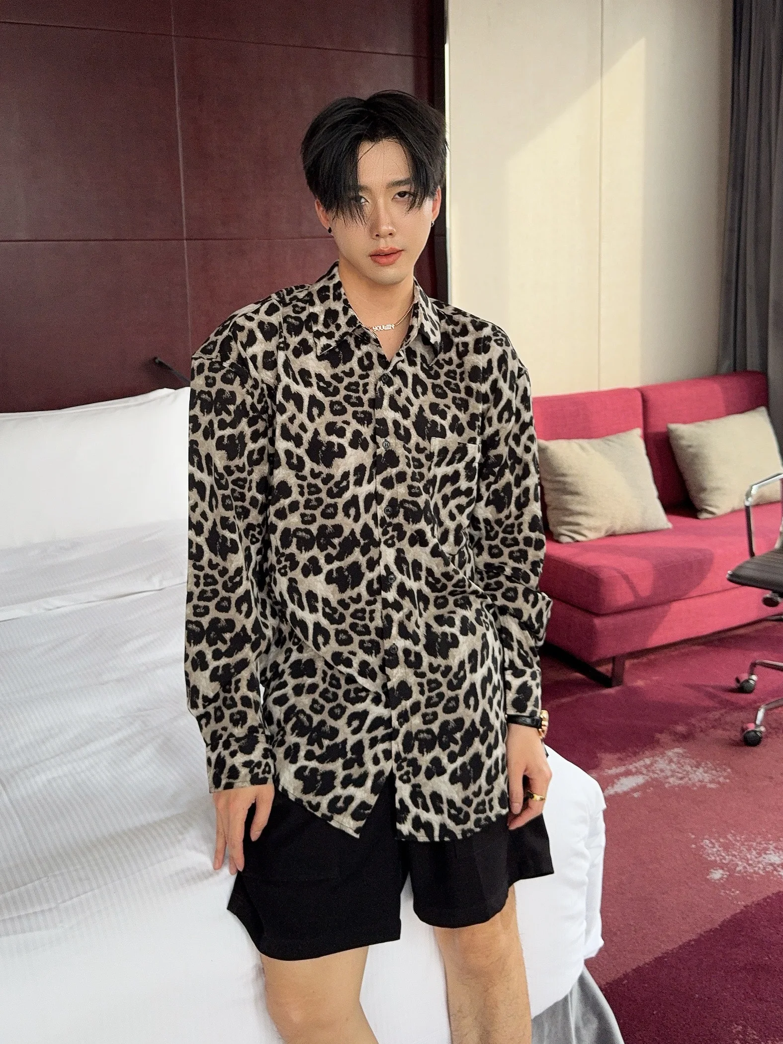 2025 Spring New American Style Leopard Print Long Sleeve Shirt Fashion Trendy Men's Loose Ice Silk Chiffon Sun Protection Shirt