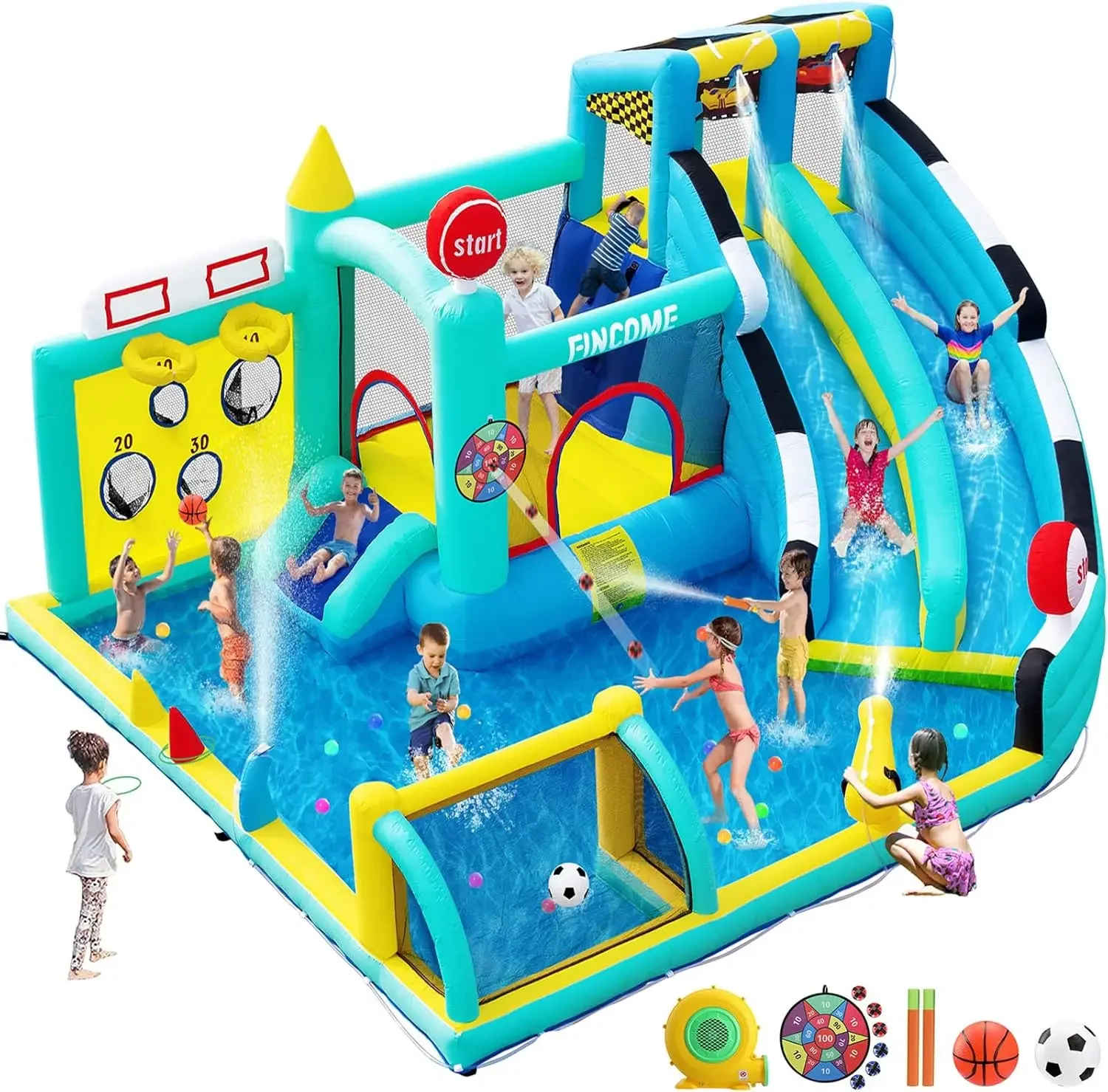 Bounce House Toboganes dobles para niños de 3 a 10 años, castillo de rebote grande con soplador de aire de 550 W, piscina, salto, escalada
