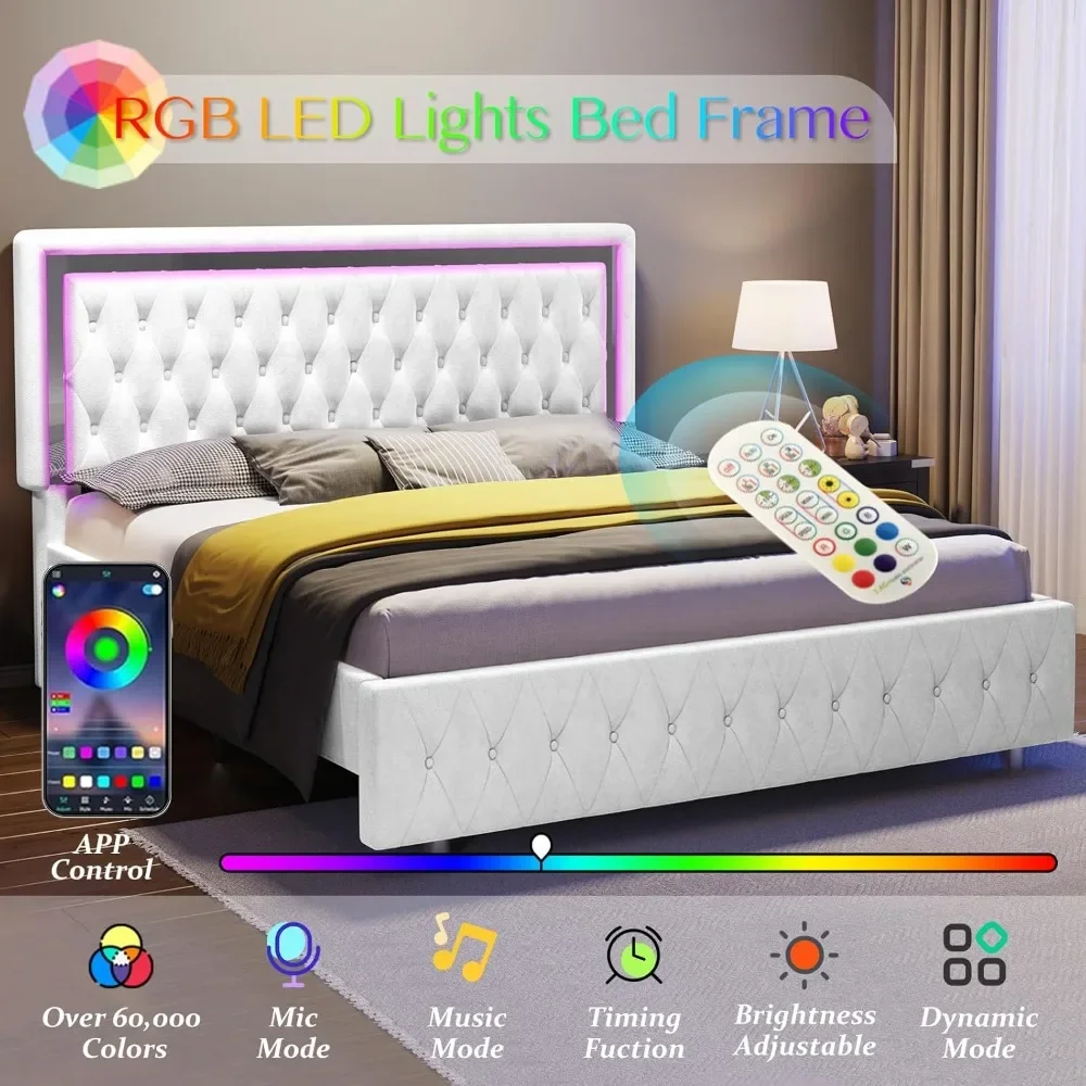 Full Bed Frame with LED Lights Headboard & Footboard, Velvet Upholstered Full Size Platform Bed Frame No Box Spring Needed