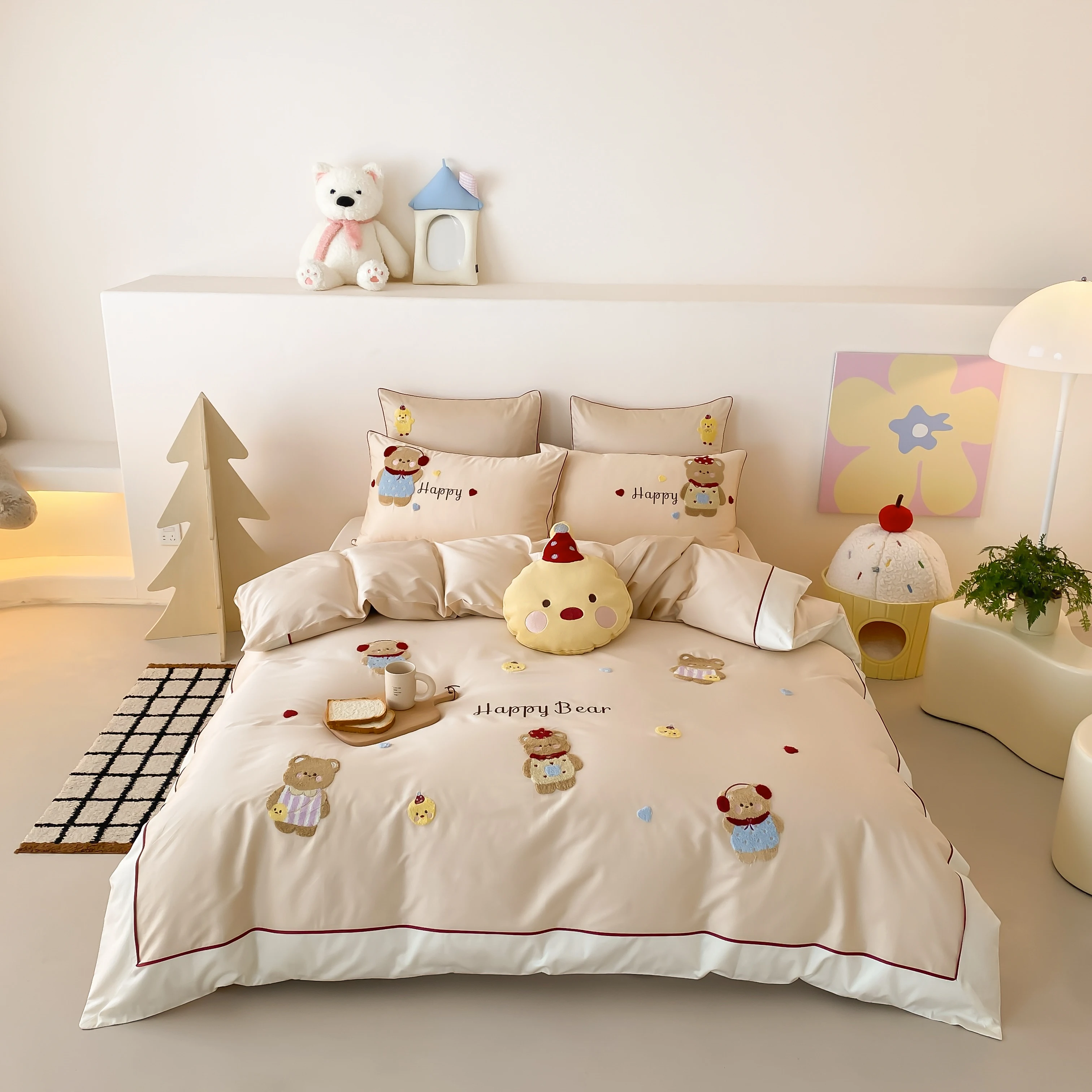 

Cute Bear Embroidery 100% Cotton Bedding Set, Soft Breathable Duvet Cover & Pillowcases, Cartoon Bed Linen for Kids Bedroom