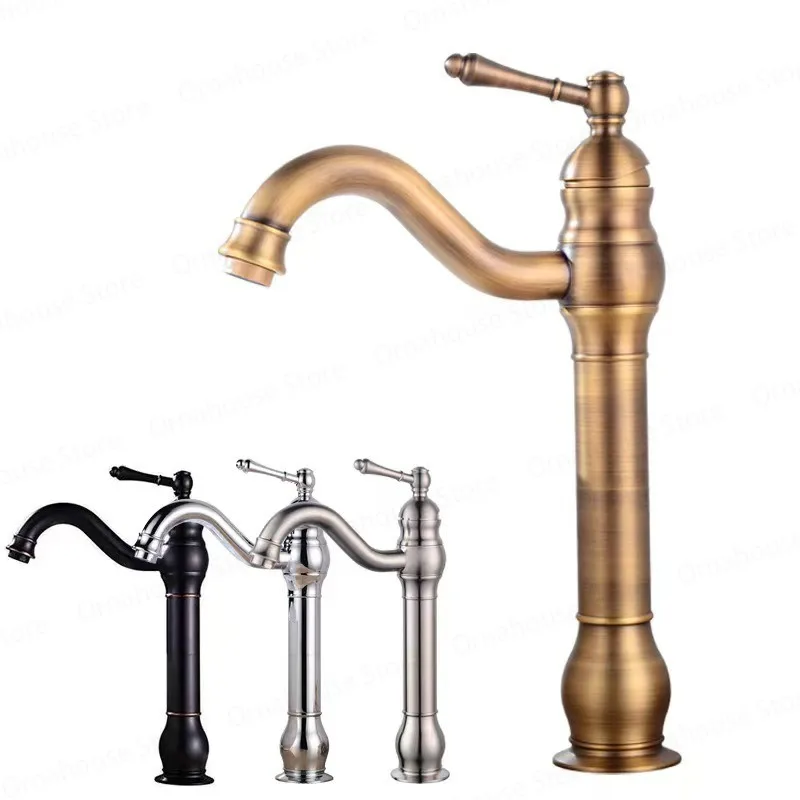 

Antique Brass Basin Faucet 360 Rotation Single Handle Deck Mounted Bathroom Basin Faucet Hot Cold Mixer Tap Vessel Sink Crane