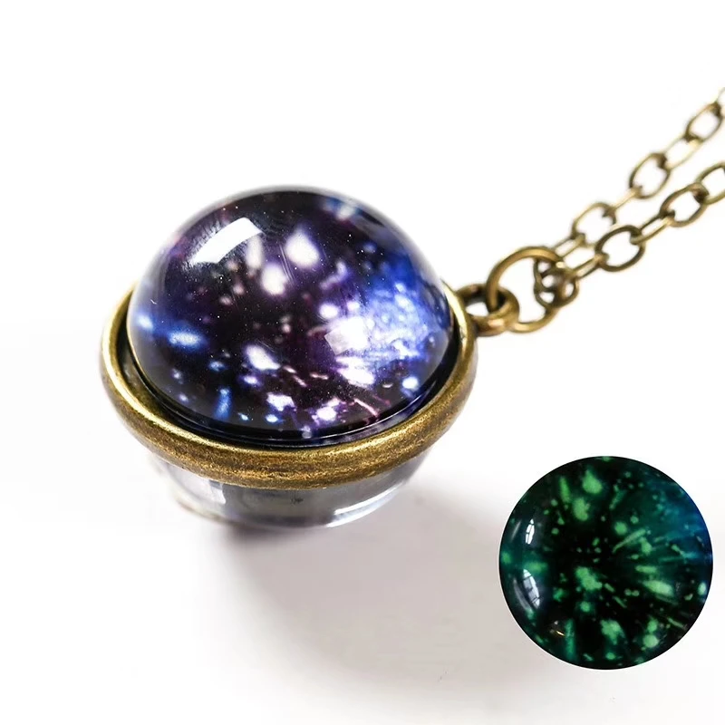 Universe Planet Earth Glass Luminous Double-Sided Retro Pendant Necklace For Women Men Galaxy Nebula Cosmic Art Picture Jewelry