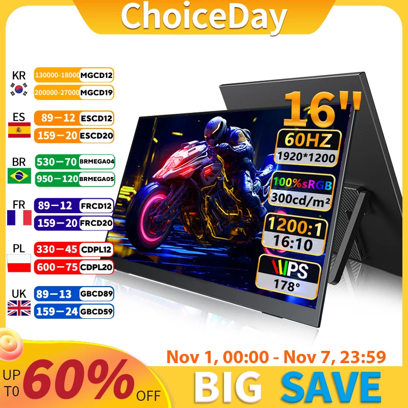 16" FHD Tragbarer Touch-Monitor Externes Display IPS 1200P Bildschirm USB C Mini-HDMI für Laptop Mac PC Xbox PS Switch mit VESA-Loch