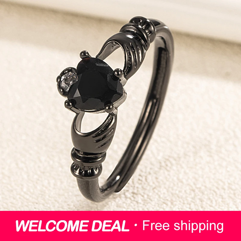 

ZDADAN 925 Sterling Silver Black Heart Crystal Adjustable Rings For Women Fashion Wedding Jewelry