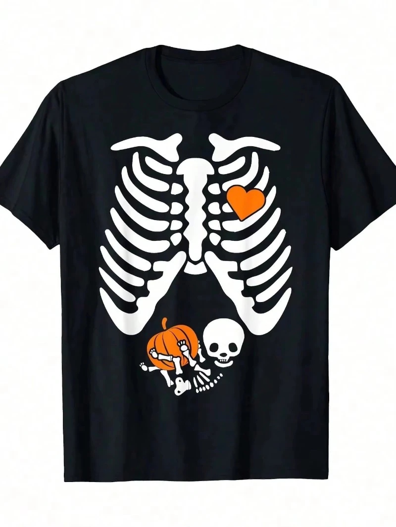 

MINISO 2025 Autumn New Women Skeleton Pregnancy Announcement Mom Halloween T-Shirt Cotton