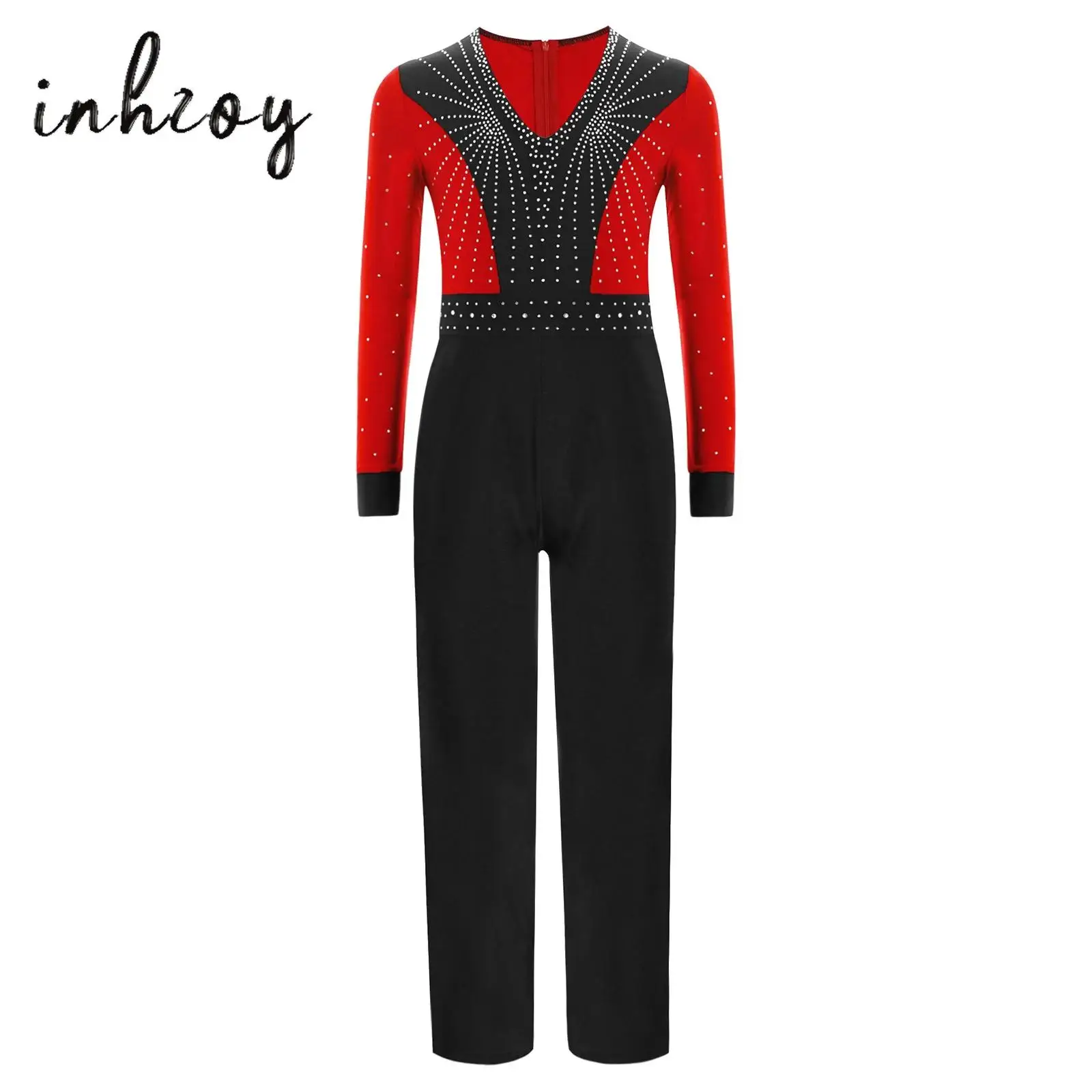 

Kids Boys Latin Dance Outfit Long Sleeve Rhinestone Jumpsuit Salsa Skating Ballroom Dancing Performance Leotard Full Body Suit