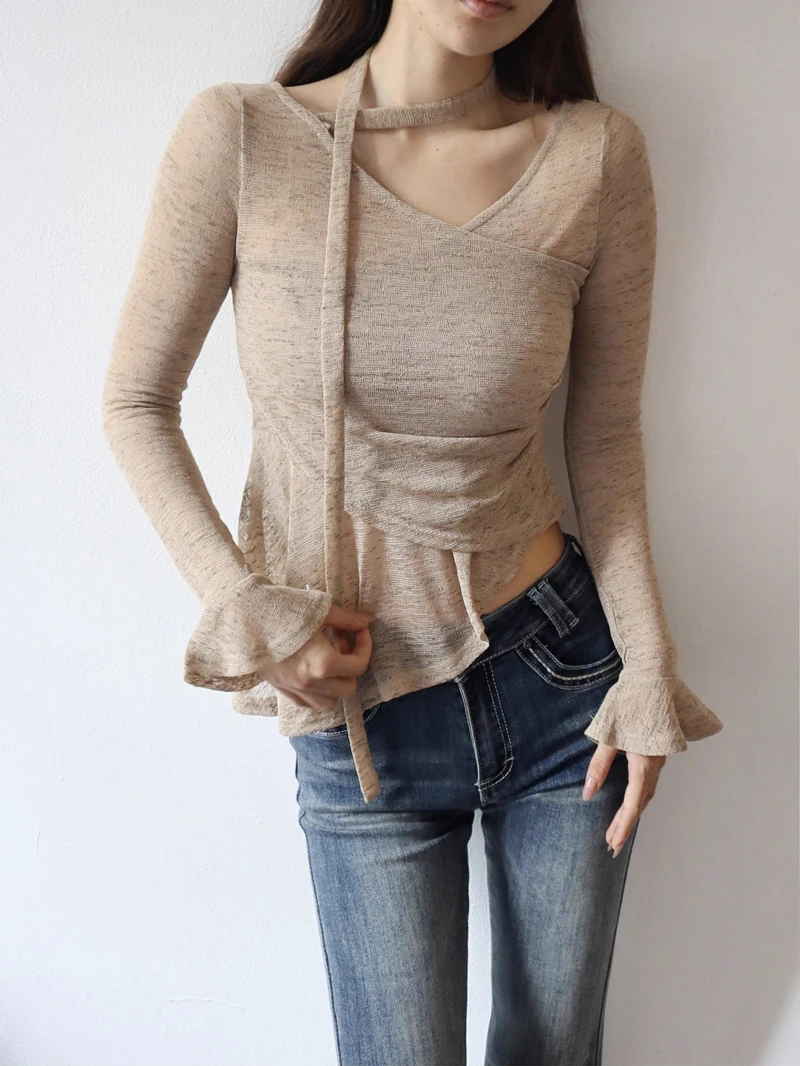 Women's V Neck Flare Sleeved Wrap Top With Asymmetrical Hem