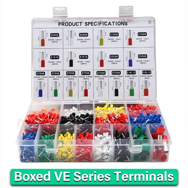 

Boxed VE Series Insulated Terminal Block Cord End Crimping Sleeve Terminal Cable Wire Connector Electrical Pipe Terminals Suit