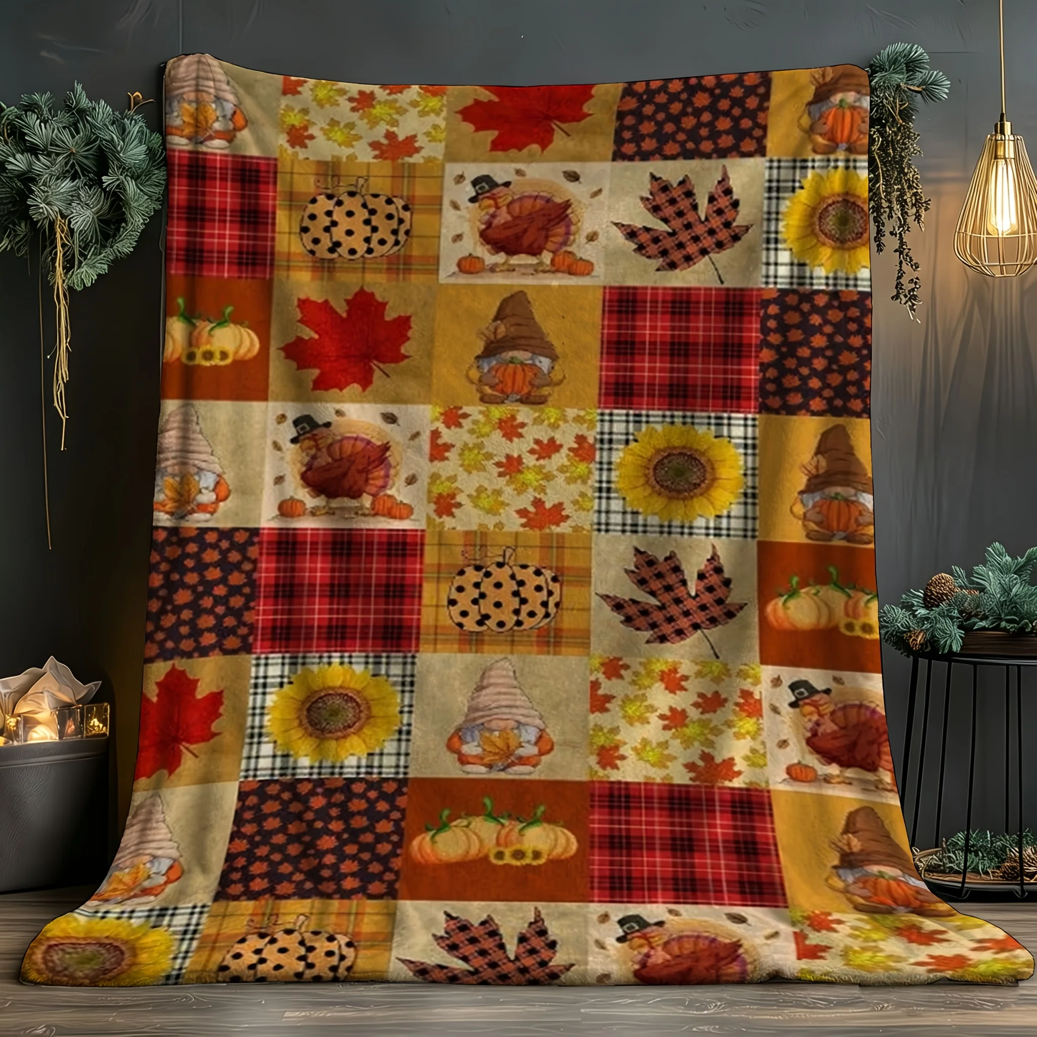 1pc Digital Printing Vintage Check Patterned Patchwork Autumn Pumpkin and Maple Leaf Flannel Blanket. Soft, Comfortable and Warm